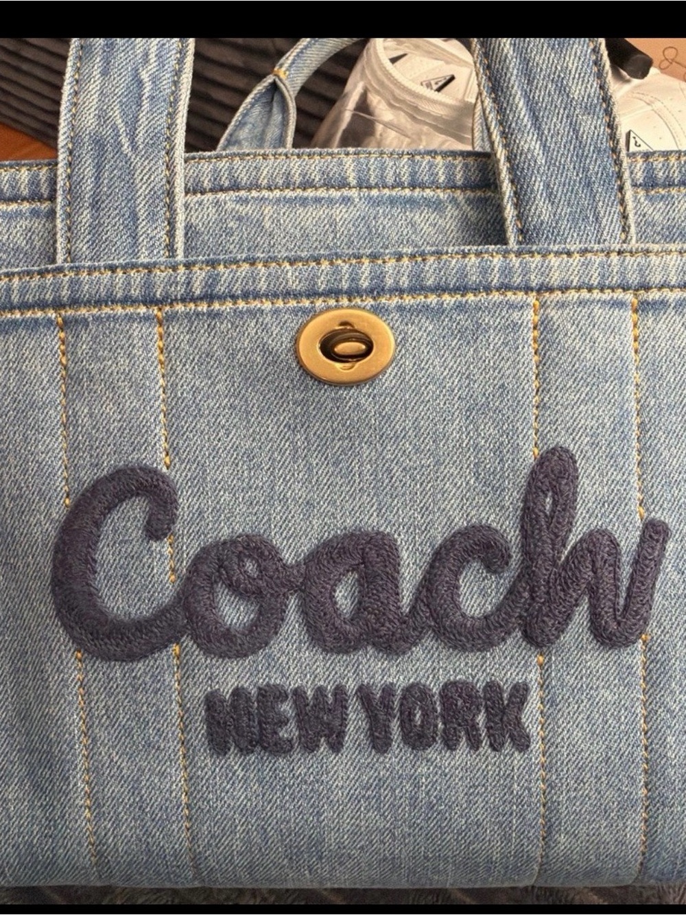 Coach Light Blue Denim Tote with Navy Embroidered Logo